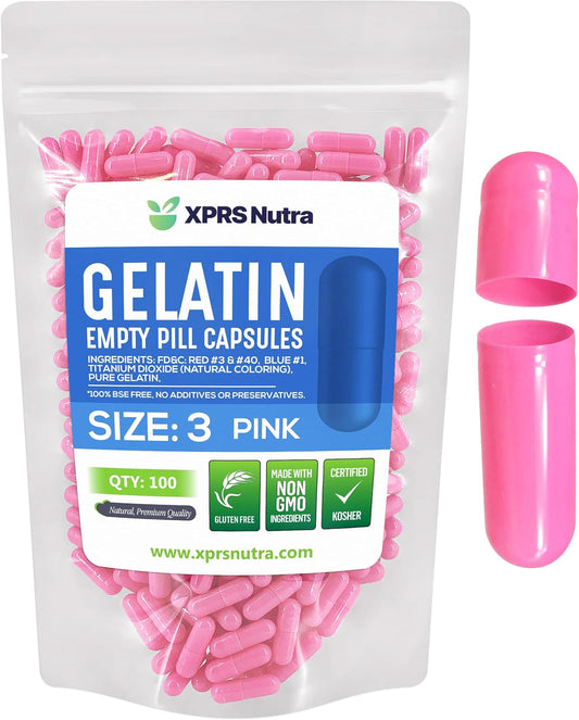 100 Count XPRS Nutra Size 3 Empty Gelatin Capsules for DIY Capsule Filling - Pink Bovine Pill Caps