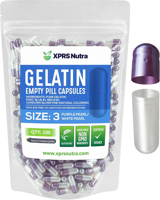100 Count XPRS Nutra Size 3 Empty Gelatin Capsules for DIY Capsule Filling - Pure Bovine Pill Capsules (Pearl Purple/White)