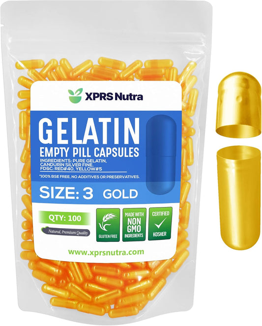 100 Count XPRS Nutra Size 3 Empty Gelatin Capsules for DIY Capsule Filling - Pure Bovine Pill Capsules in Gold Color