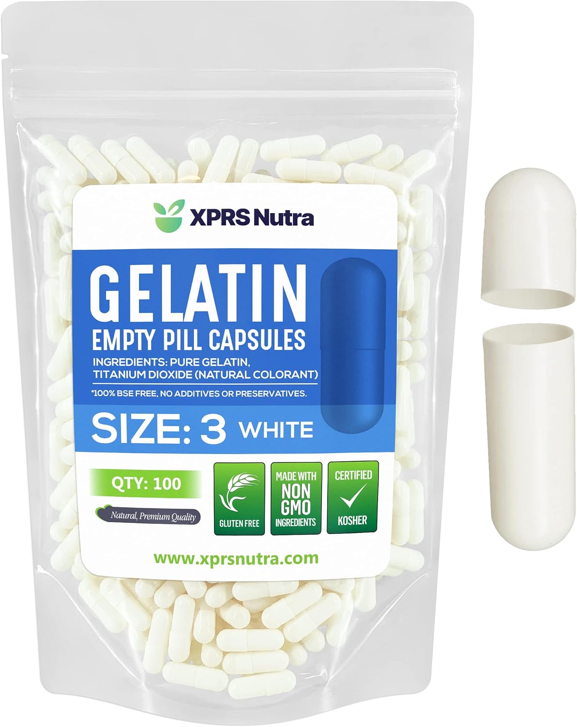 100 Count XPRS Nutra Size 3 Empty Gelatin Capsules for DIY Capsule Filling - Pure Bovine Pill Capsules White