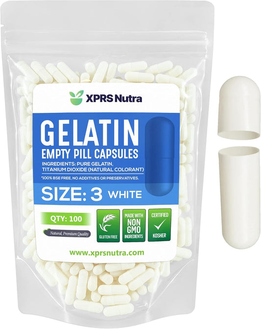 100 Count XPRS Nutra Size 3 Empty Gelatin Capsules for DIY Capsule Filling - Pure Bovine Pill Capsules White