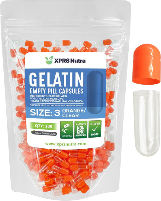 100 Count XPRS Nutra Size 3 Empty Gelatin Capsules for DIY Capsule Filling - Pure Bovine Pill Capsules - Orange/Clear
