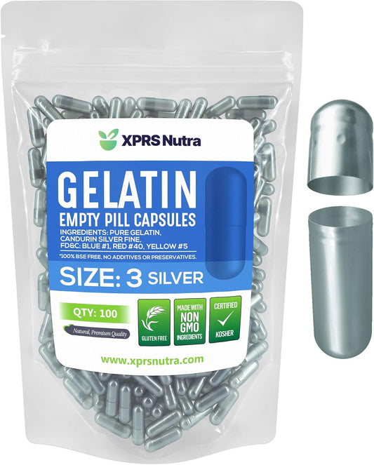 100 Count XPRS Nutra Size 3 Empty Gelatin Capsules for DIY Capsule Filling - Pure Bovine Silver Pill Caps