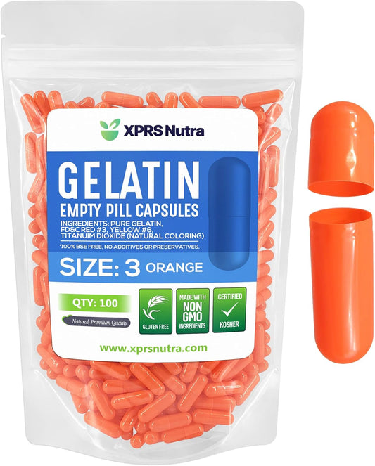 100 Count XPRS Nutra Size 3 Orange Empty Gelatin Capsules for DIY Capsule Filling