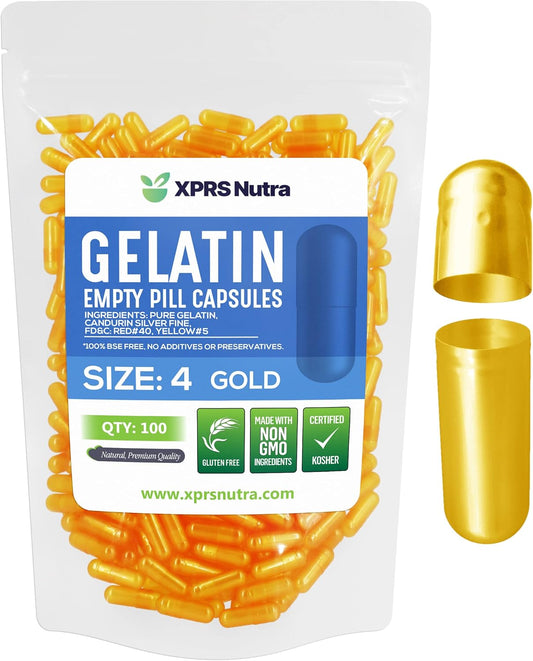 100 Count XPRS Nutra Size 4 Empty Gelatin Capsules for DIY Capsule Filling - Pure Bovine Pill Capsules - Gold Color