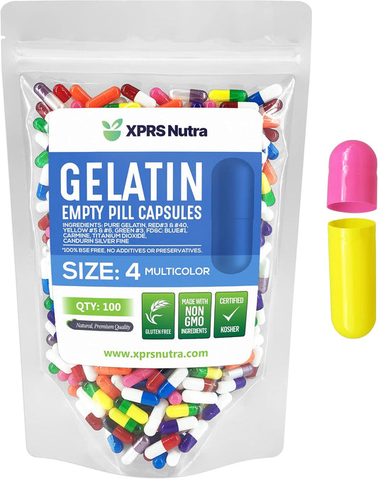 100 Count XPRS Nutra Size 4 Empty Gelatin Capsules for DIY Capsule Filling - Pure Bovine Pill Capsules (Multi Color)