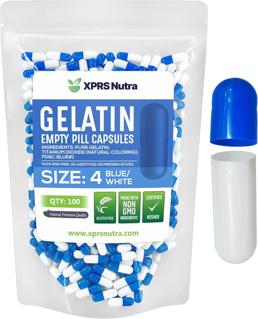 100 Count XPRS Nutra Size 4 Empty Gelatin Capsules for DIY Capsule Filling - Pure Bovine Empty Pill Capsules