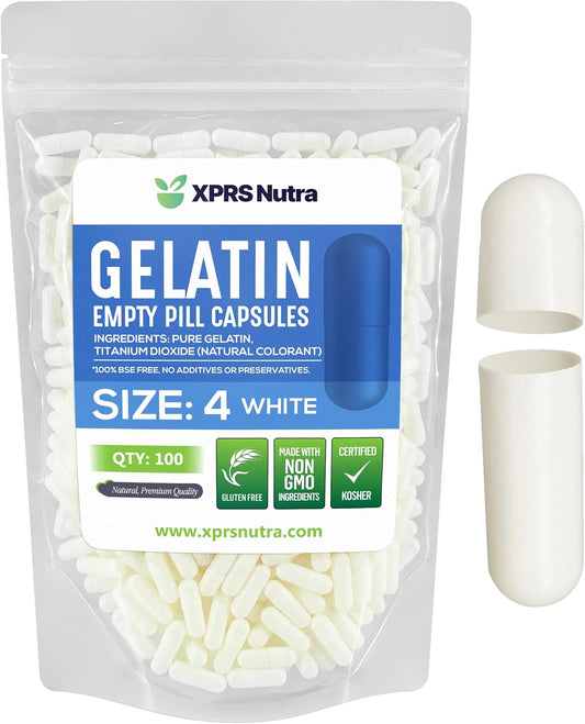 100 Count XPRS Nutra Size 4 Small White Gelatin Empty Capsules for DIY Capsule Filling