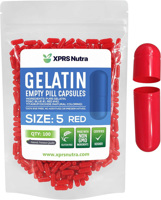 100 Count XPRS Nutra Size 5 Red Empty Gelatin Capsules for DIY Filling