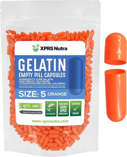 100 Count XPRS Nutra Size 5 Small Orange Gelatin Empty Capsules - DIY Fillable Pill Capsules for DIY Capsule Filling