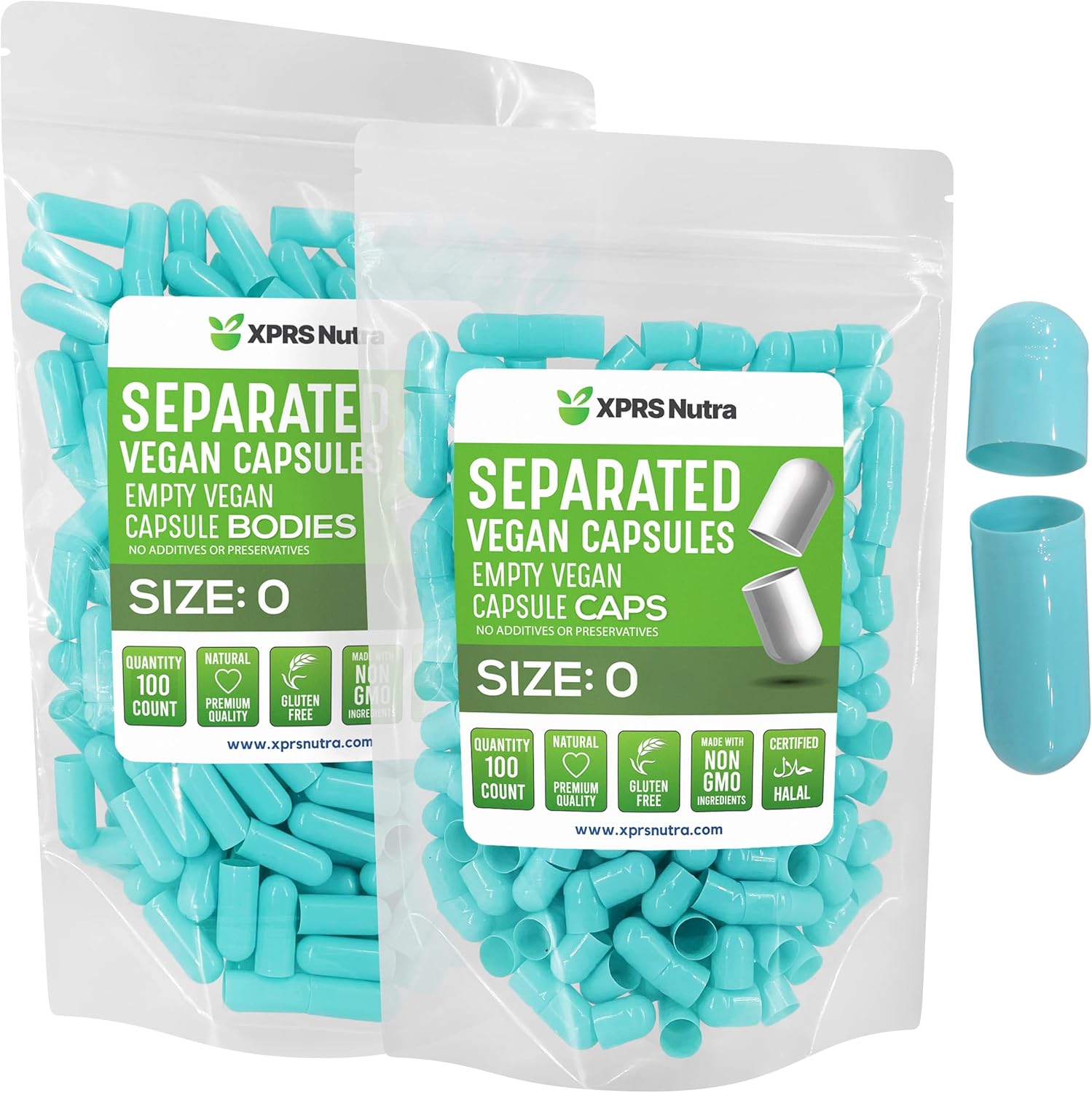 100 Count XPRS Nutra Vegan Size 0 Aqua Empty Capsules in Bags for DIY Supplement Filling