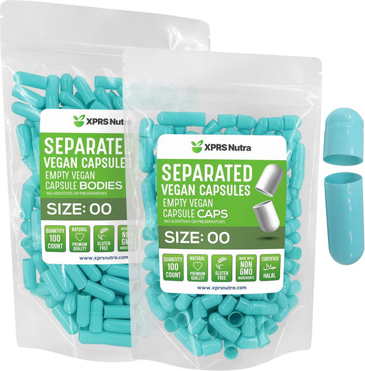 100 Count XPRS Nutra Vegan Size 00 Empty Capsules in Bags - Premium Separated Pill Capsules for DIY Supplement Filling - Aqua Color - BoostGo Australia