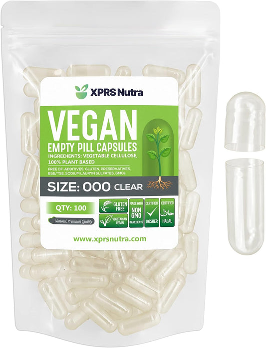 100 Count XPRS Nutra Vegan Size 000 Clear Empty Capsules - Vegetarian DIY Vegetable Capsule Filling - Veggie Pill Capsules