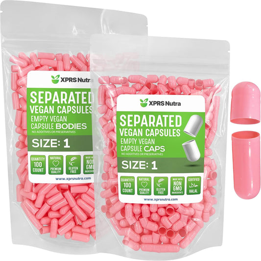 100 Count XPRS Nutra Vegan Size 1 Empty Capsules in Bags - Premium Separated Pill Capsules for DIY Supplement Filling - Pink