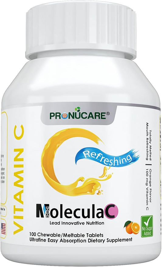 100 ct Pronucare Vitamin C 100mg Meltable Tablets for Immune Support & Anti-Aging - Slow-Dissolving, Fast Absorption - Natural Orange Flavor, No Sugar Added
