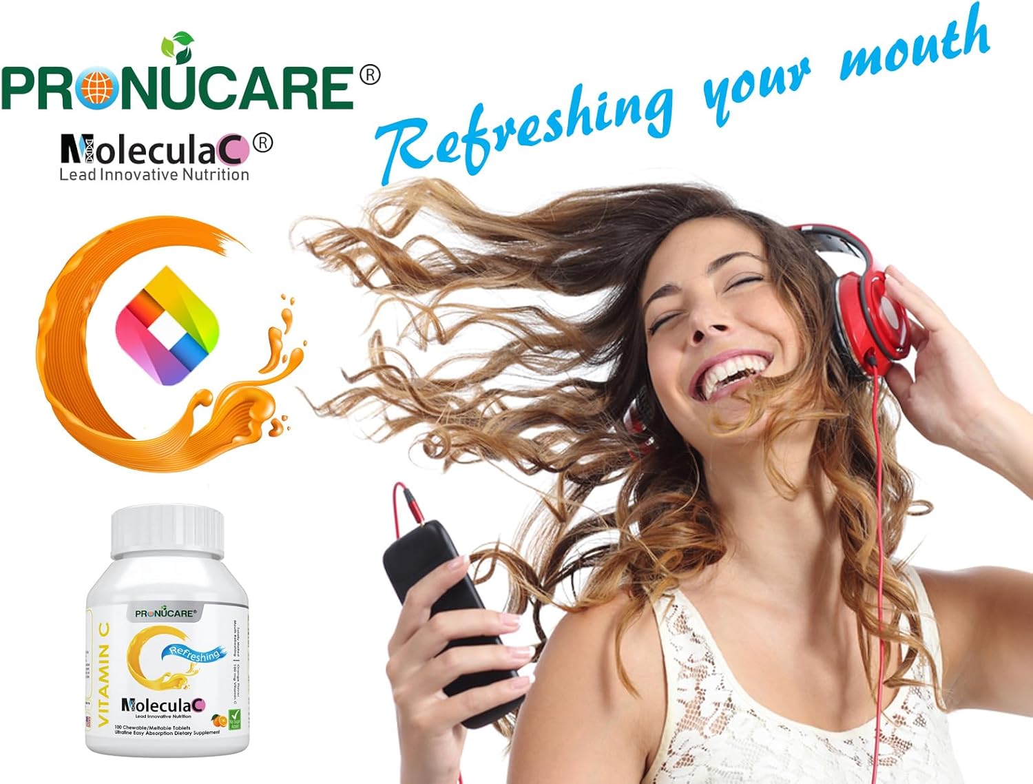 100 ct Pronucare Vitamin C 100mg Meltable Tablets for Immune Support & Anti-Aging - Slow-Dissolving, Fast Absorption - Natural Orange Flavor, No Sugar Added