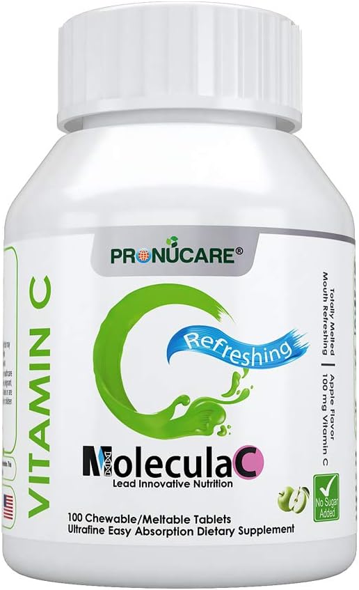 100 ct PRONUCARE Vitamin C Meltable Tablets - 100mg, Slow-Dissolving & Low Dosage for Controlled Release, Natural Apple Flavor, Fast Absorption, Immune Support & Antioxidant Properties - No Sugar