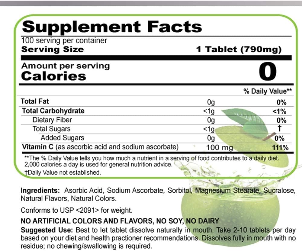 100 ct PRONUCARE Vitamin C Meltable Tablets - 100mg, Slow-Dissolving & Low Dosage for Controlled Release, Natural Apple Flavor, Fast Absorption, Immune Support & Antioxidant Properties - No Sugar