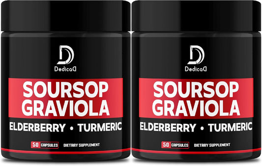 100-Day Supply DEDICAD Graviola Soursop Leaves Capsules - 2 Packs of 50 Capsules - 11in1 Extract with Elderberry, Turmeric, Ginger, Milk Thistle, Cranberry - Mood, Immune & Body Health Support