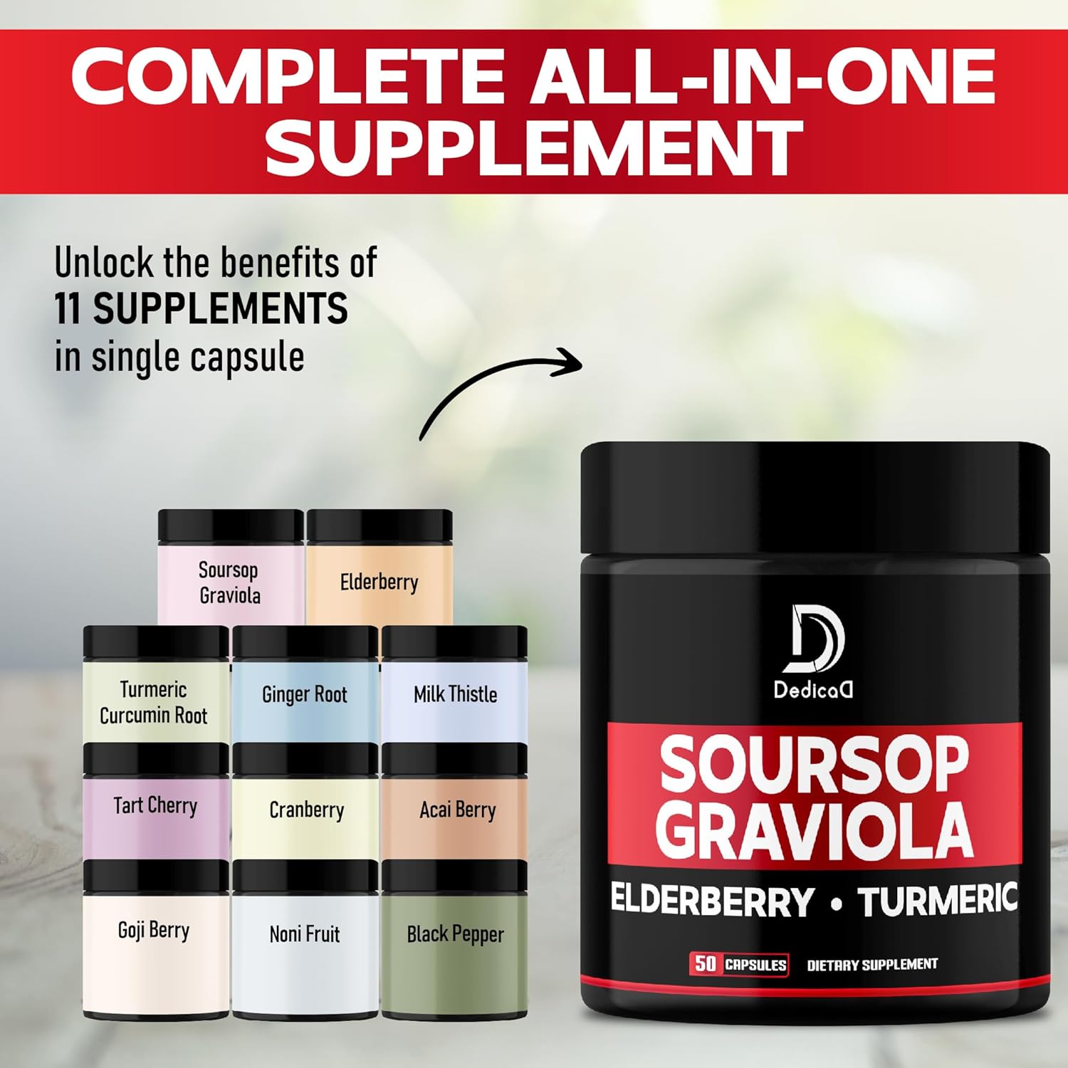 100-Day Supply DEDICAD Graviola Soursop Leaves Capsules - 2 Packs of 50 Capsules - 11in1 Extract with Elderberry, Turmeric, Ginger, Milk Thistle, Cranberry - Mood, Immune & Body Health Support