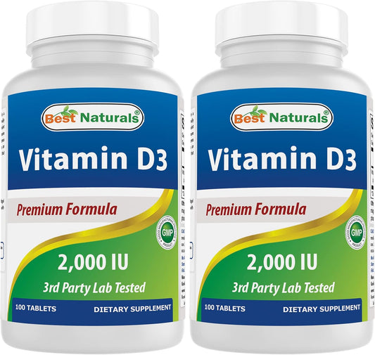 100 Day Supply of Best Naturals Vitamin D3 2000 IU Tablets for Immune Health, Strong Bones, Teeth, and Muscle Function - 100 Count x 2 Pack