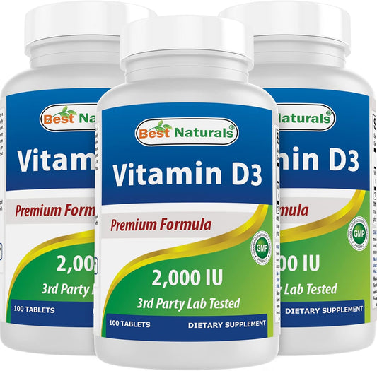 100-Day Supply of Best Naturals Vitamin D3 2000 IU Tablets for Immune Health, Strong Bones, Teeth, and Muscle Support - 300 Count