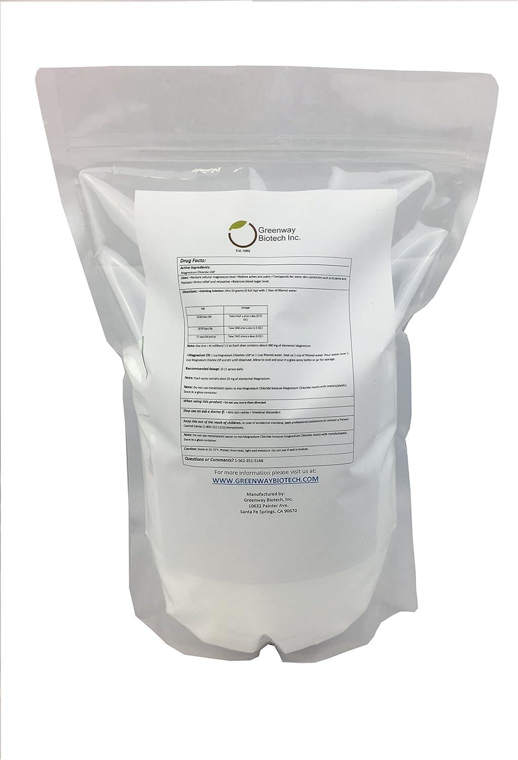 100% Edible Pharmaceutical Grade Magnesium Chloride USP Supplement Powder - 4 Pounds by Greenway Biotech