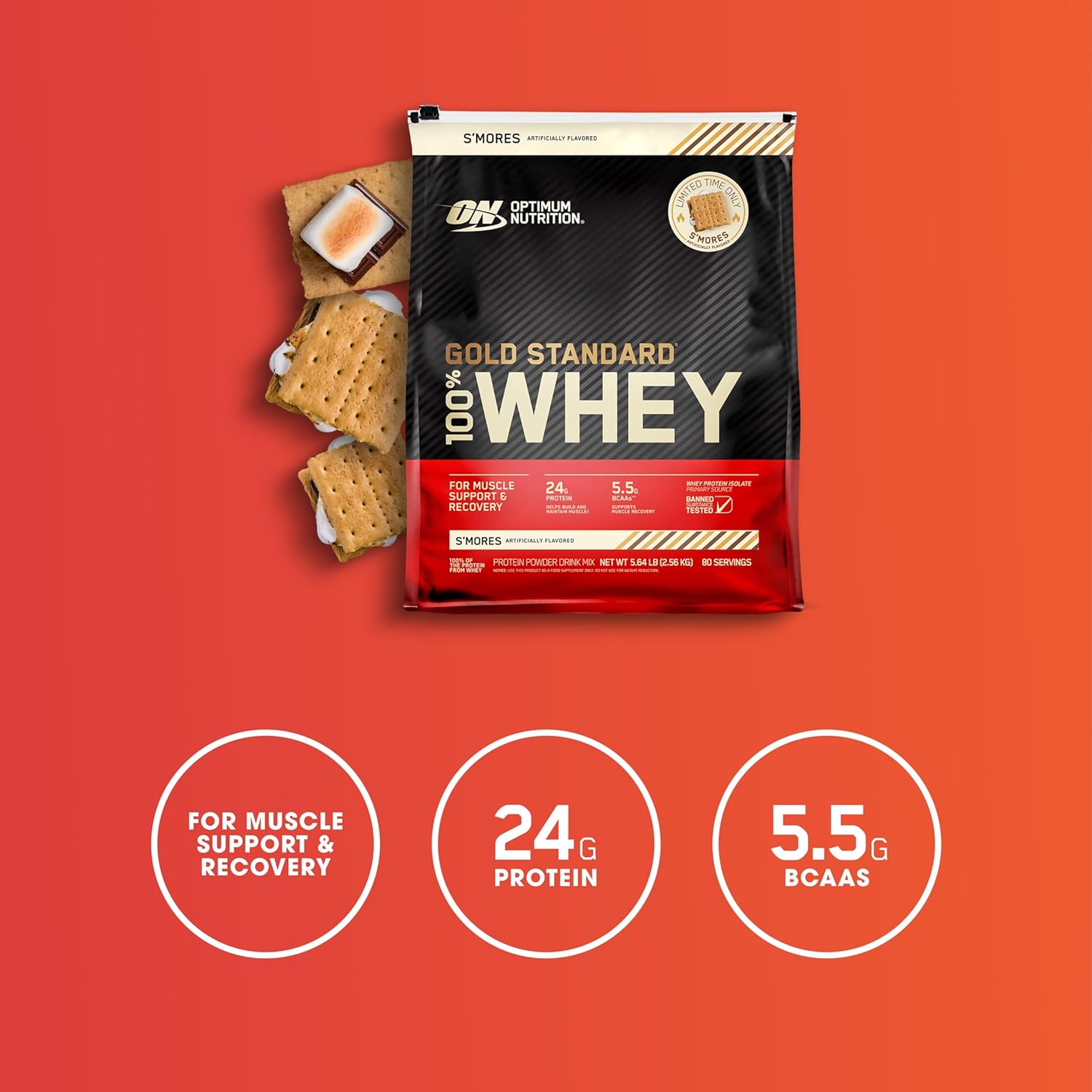 100% Gold Standard Whey Protein Powder - S'Mores Flavor - 5.64 lb (80 Servings) - Muscle Recovery Blend with Hydrolyzed, Isolate & Whey