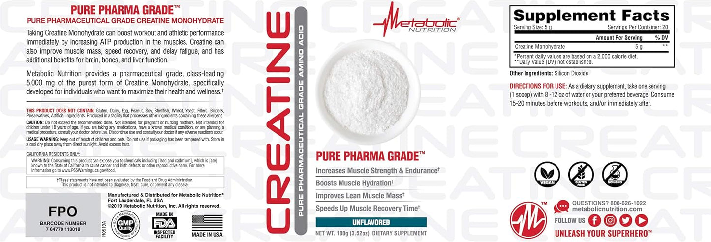 100 Grams Metabolic Nutrition Creatine Powder - Boost Muscle Strength and Energy Levels