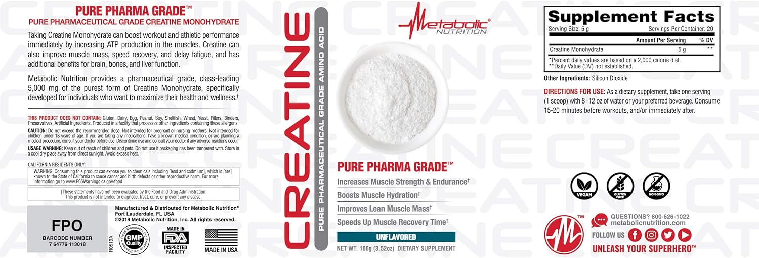 100 Grams Metabolic Nutrition Creatine Powder - Boost Muscle Strength and Energy Levels