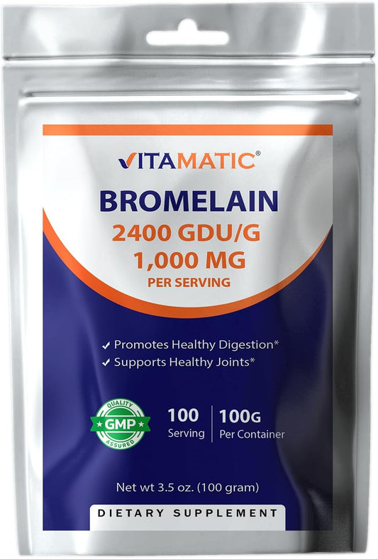 100 Grams of Vitamatic Bromelain Powder - 100 Servings, 1000mg per Serving, 2400 GDU/g, Proteolytic Enzymes for Protein Digestion