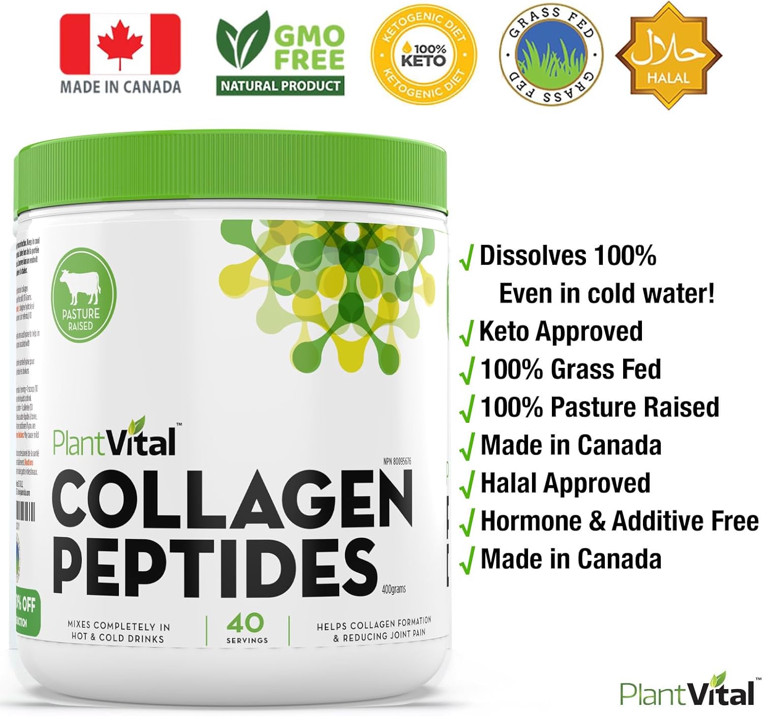 100% Grass-Fed Collagen Peptides Powder - Non-GMO, Paleo Friendly - Unflavored, Made in USA - 40 Servings, 400g (Pack of 2)