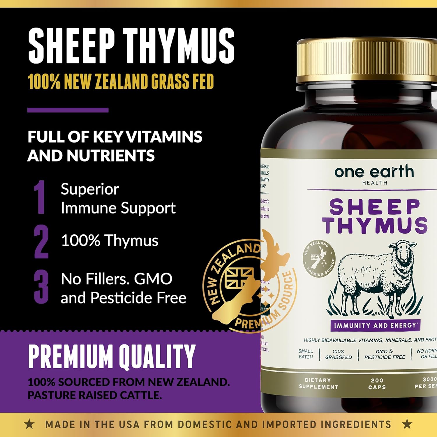 100% Grass Fed Thymus Supplements from New Zealand - 3,000mg per Serving, 200 Capsules