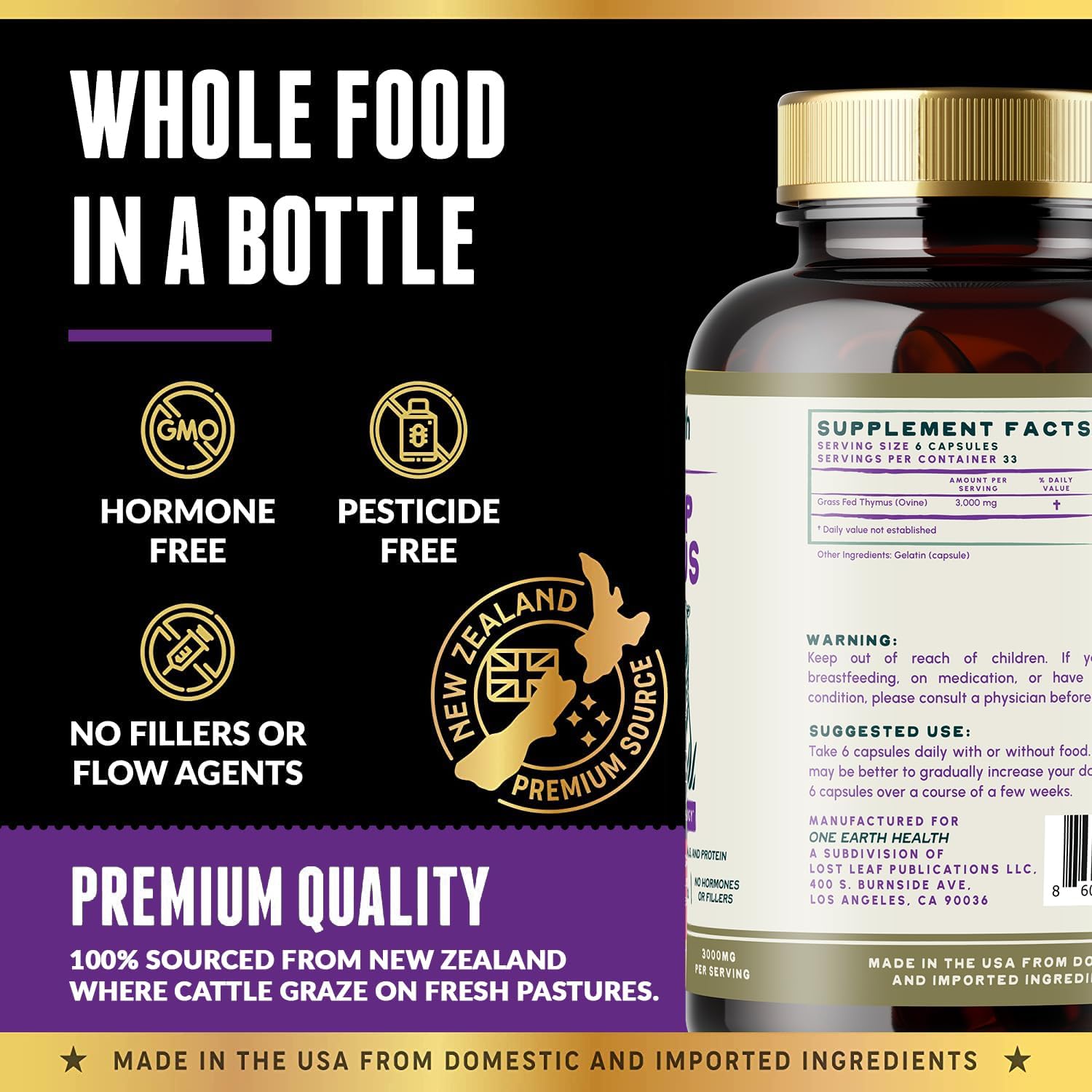 100% Grass Fed Thymus Supplements from New Zealand - 3,000mg per Serving, 200 Capsules