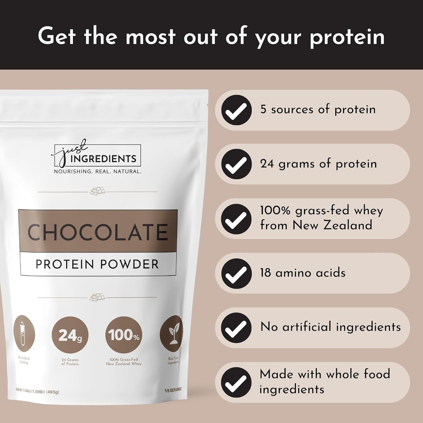 100% Grass-Fed Whey Chocolate Protein Powder | Non-GMO, Gluten-Free, No Artificial Flavors | 15 Servings