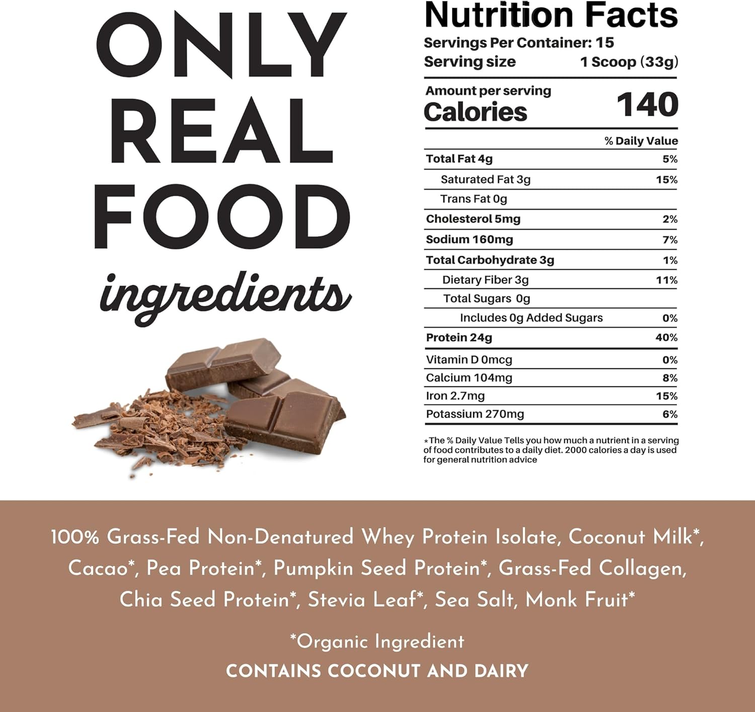 100% Grass-Fed Whey Chocolate Protein Powder | Non-GMO, Gluten-Free, No Artificial Flavors | 15 Servings