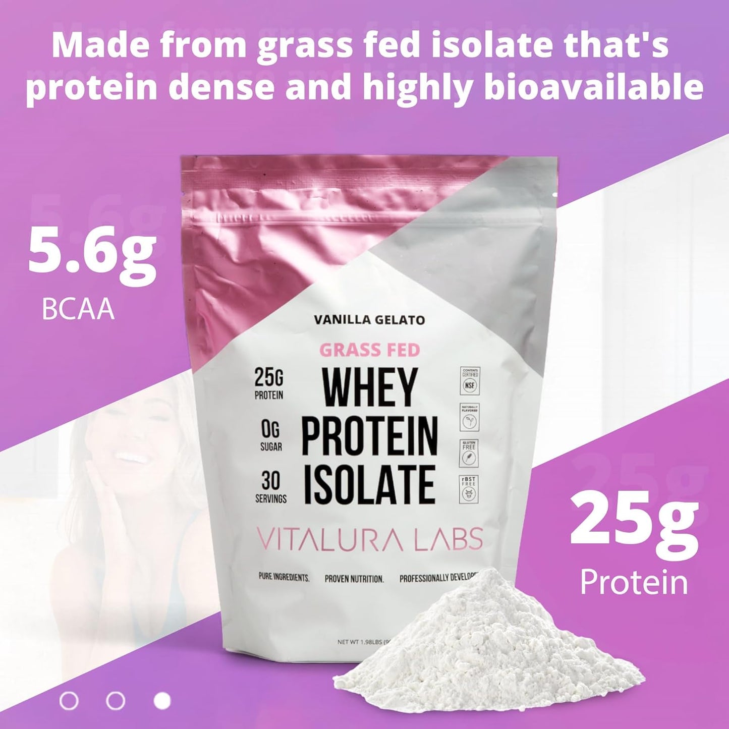 100% Grass-Fed Whey Protein Isolate - 25g Protein Per Serving - NSF Certified - Vanilla Gelato Flavor - No Fillers - Easy Digestion - 30 Servings
