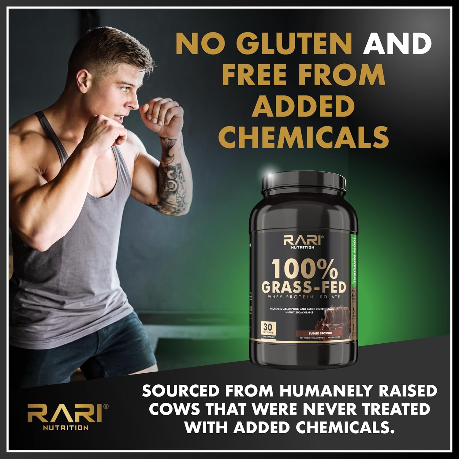 100% Grass Fed Whey Protein Isolate Powder by RARI Nutrition - 20g Protein, 5g BCAAs, Fudge Brownie Flavor - 20 Servings