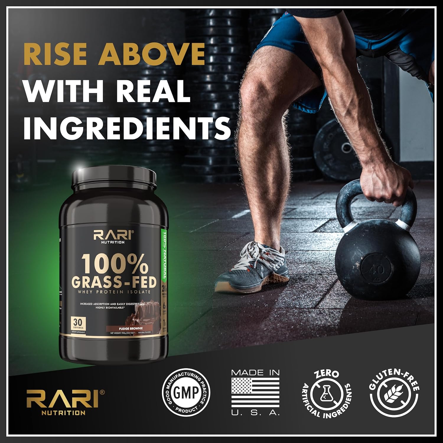 100% Grass Fed Whey Protein Isolate Powder by RARI Nutrition - 20g Protein, 5g BCAAs, Fudge Brownie Flavor - 20 Servings