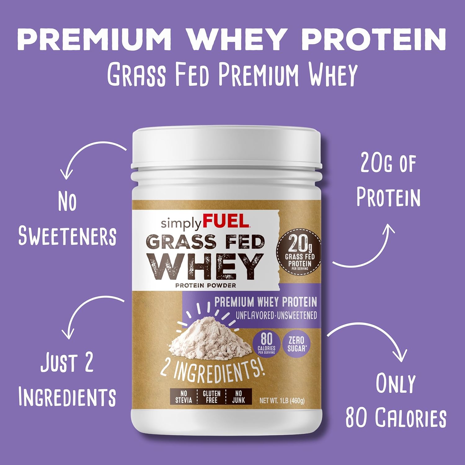 100% Grass-Fed Whey Protein Powder - Unflavored, Unsweetened, Gluten-Free - 20g Protein - Clean Muscle Growth and Recovery - 1LB