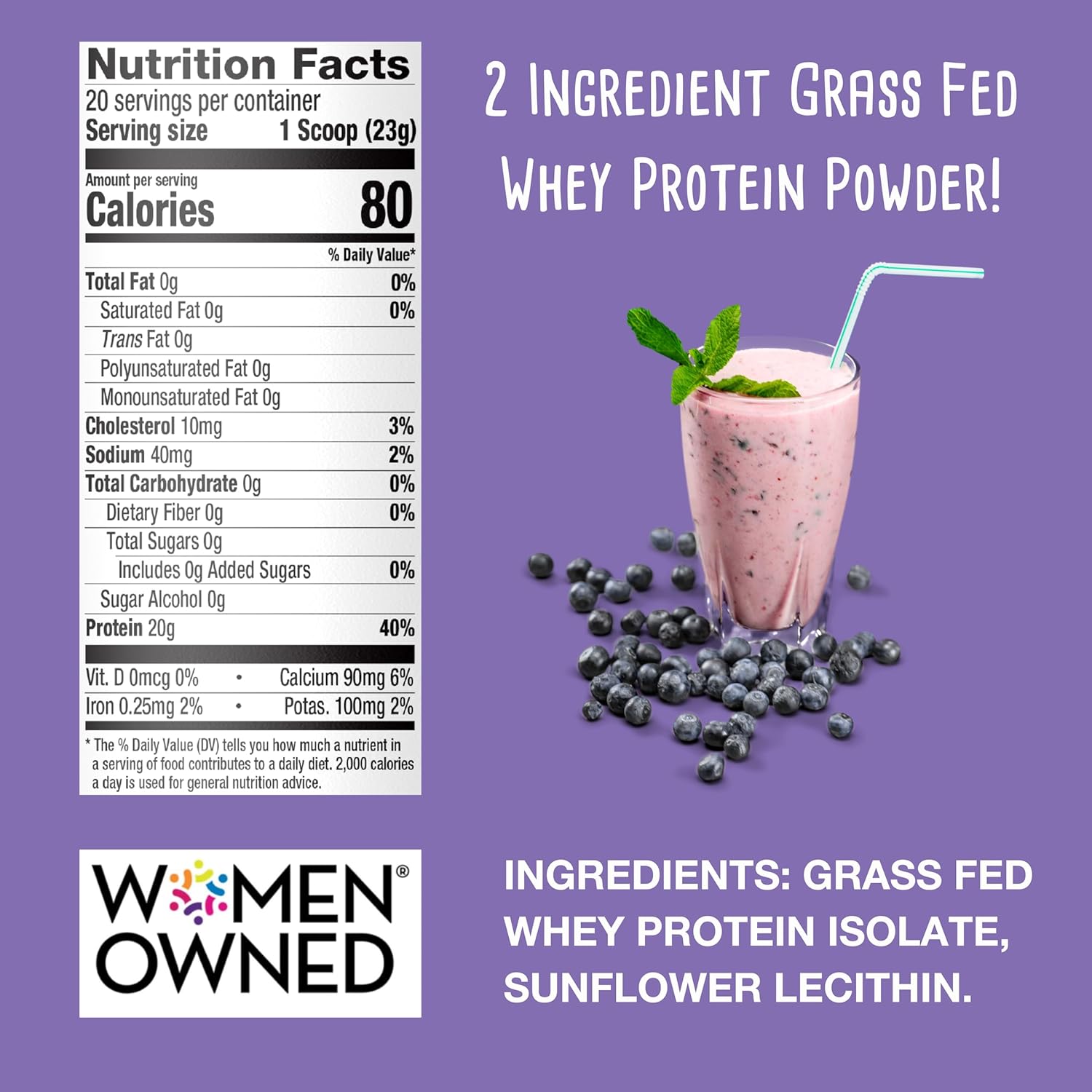 100% Grass-Fed Whey Protein Powder - Unflavored, Unsweetened, Gluten-Free - 20g Protein - Clean Muscle Growth and Recovery - 1LB