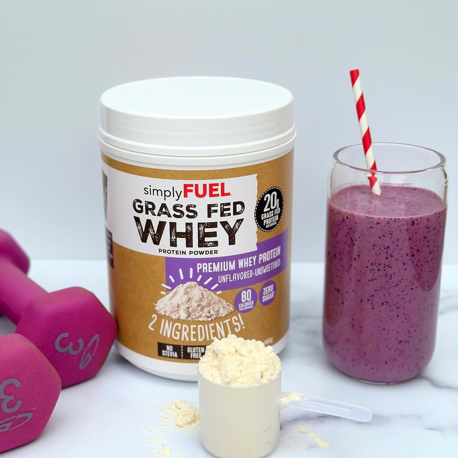 100% Grass-Fed Whey Protein Powder - Unflavored, Unsweetened, Gluten-Free - 20g Protein - Clean Muscle Growth and Recovery - 1LB