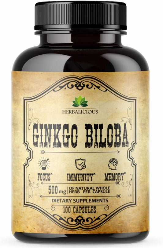 100 Herbalicious Ginkgo Biloba Capsules for Daily Mental Clarity, Focus, Memory, Stress Relief, Heart and Brain Health - Natural Nootropic Supplement for Men and Women