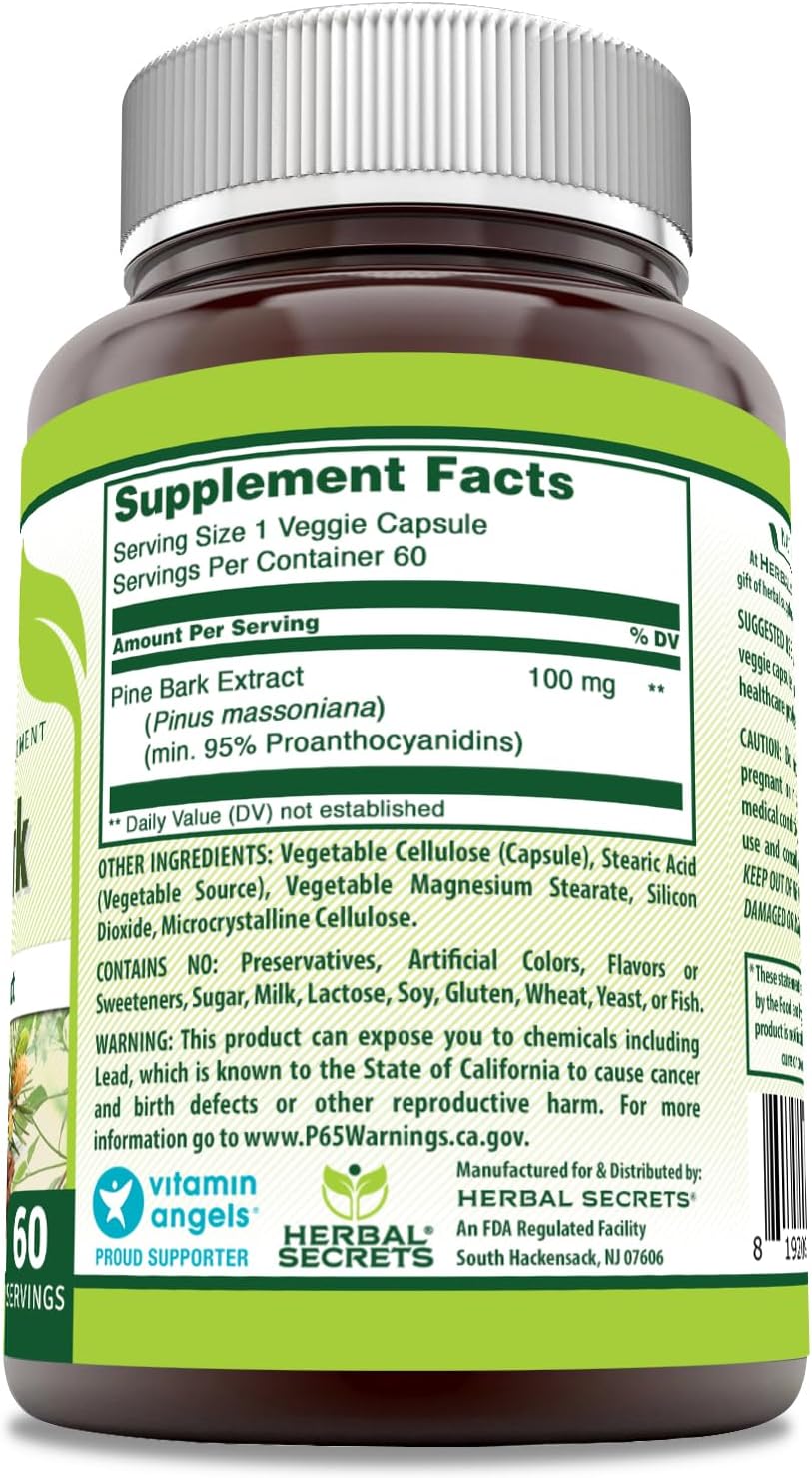 100 Mg Herbal Secrets Pine Bark Extract Supplement - 60 Veggie Capsules - Non-GMO & Gluten-Free - USA Made
