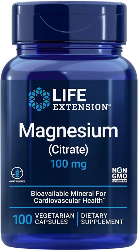 100 mg Life Extension Magnesium Citrate Capsules for Heart, Bone Health - Immune Support for Men and Women - Gluten-Free, Non-GMO - 100 Vegetarian Capsules