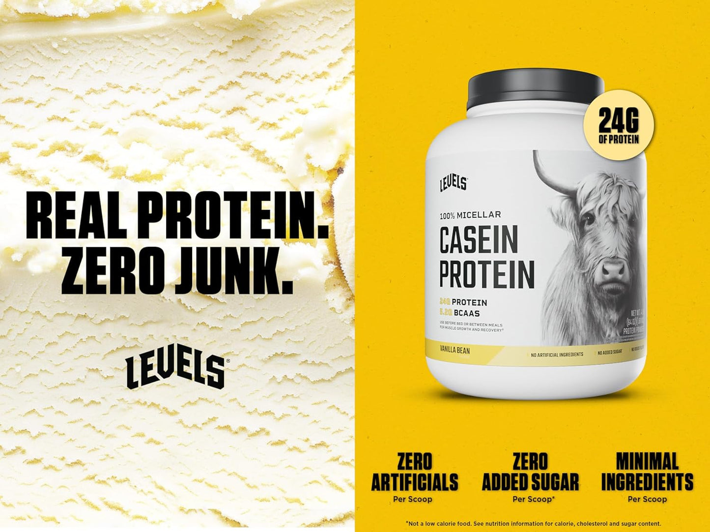 100% Micellar Casein Protein Powder - Vanilla Bean Flavor - 4LB - Hormone Free - Levels Nutrition