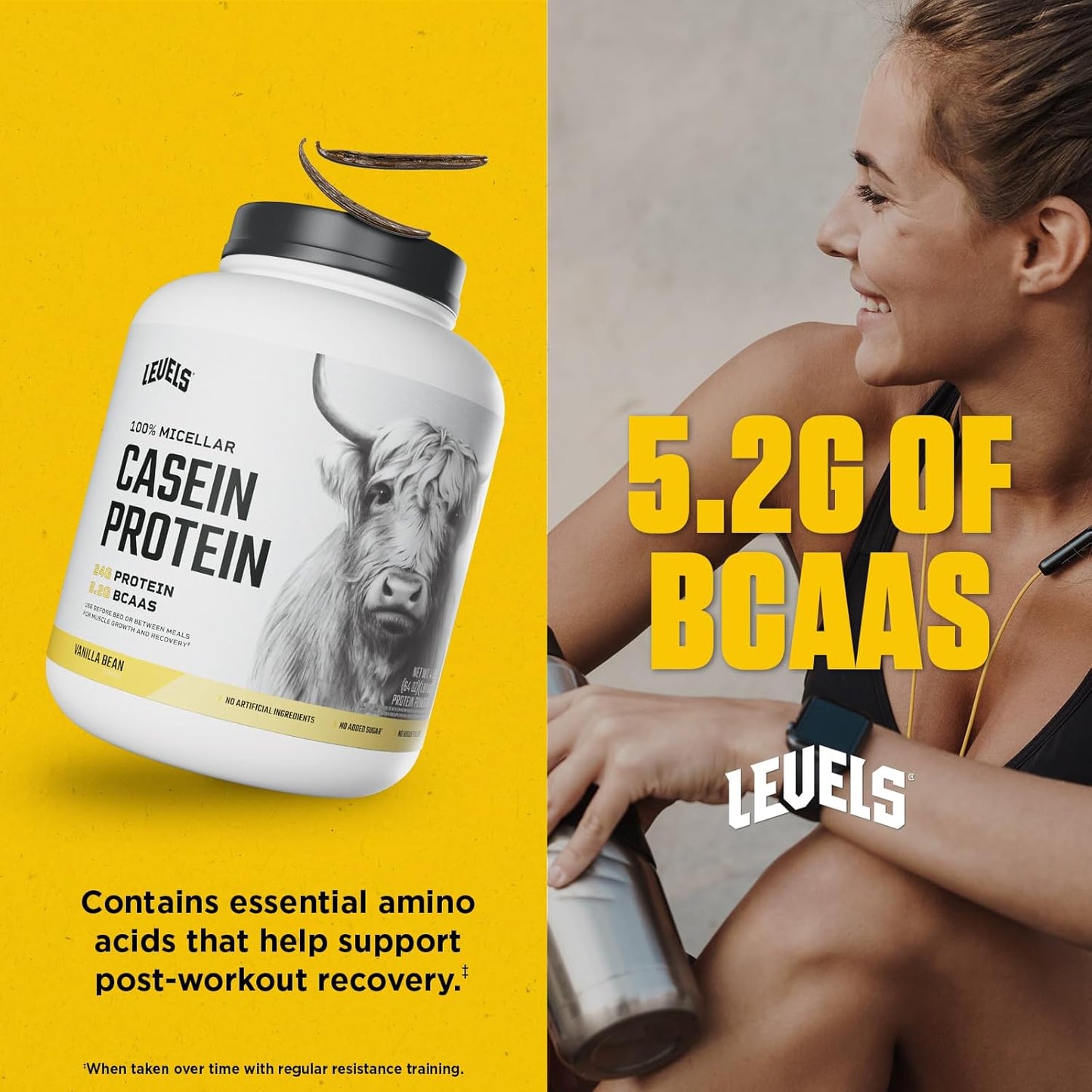 100% Micellar Casein Protein Powder - Vanilla Bean Flavor - 4LB - Hormone Free - Levels Nutrition