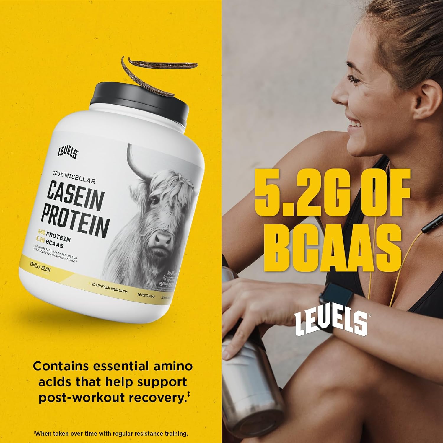 100% Micellar Casein Protein Powder - Vanilla Bean Flavor - 4LB - Hormone Free - Levels Nutrition