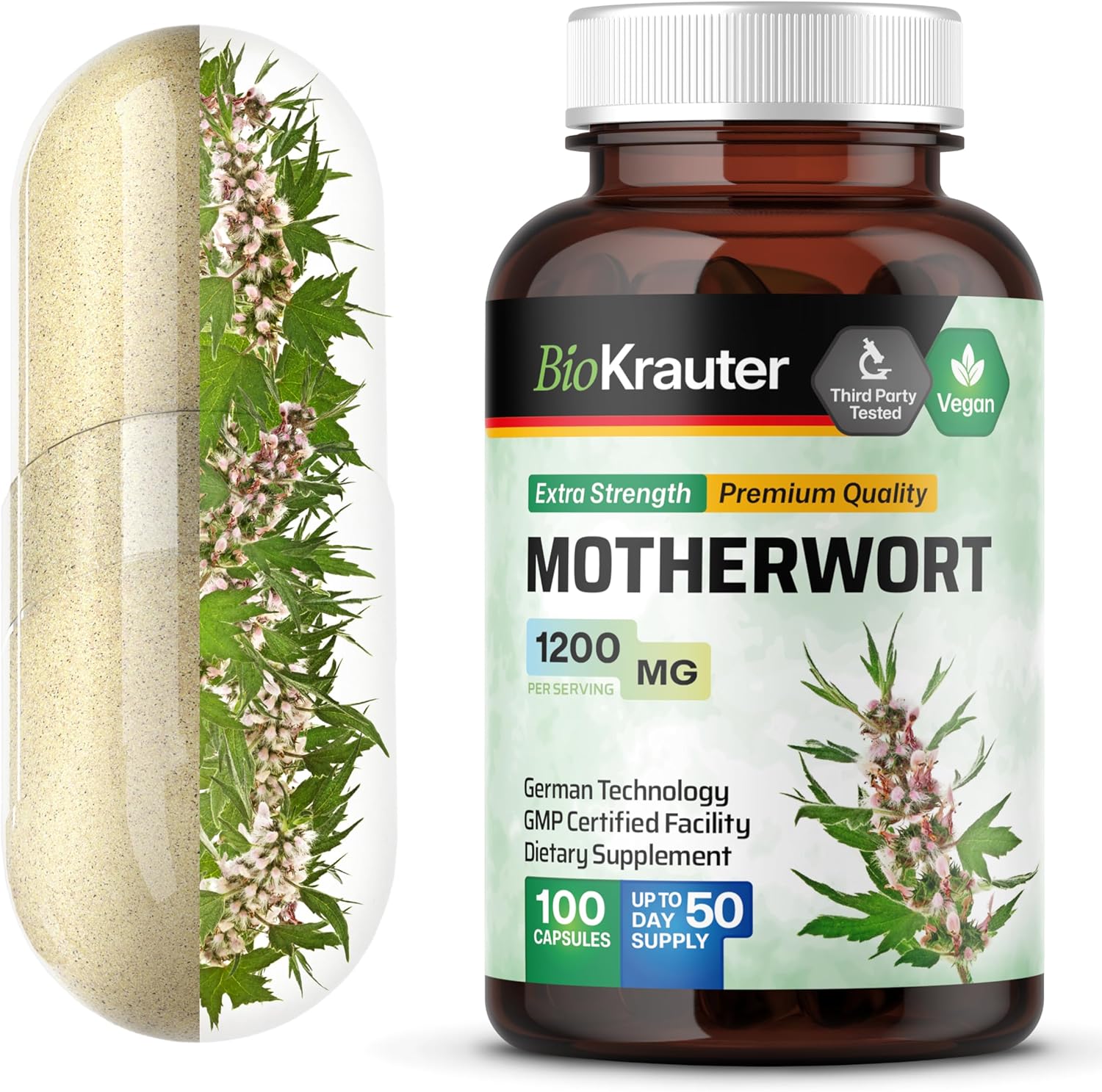 100 Motherwort Herb Supplement Capsules 1200mg - Herbal Women’s Support for Relaxation - BIO KRAUTER