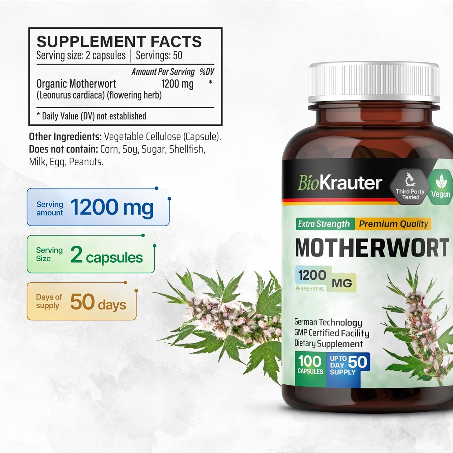 100 Motherwort Herb Supplement Capsules 1200mg - Herbal Women’s Support for Relaxation - BIO KRAUTER